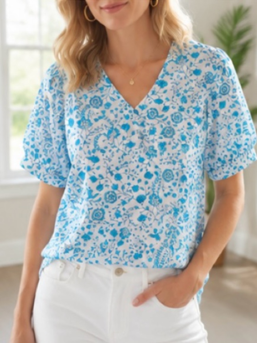 Draper James Blue & White Floral Puff Sleeve Blouse Size Large